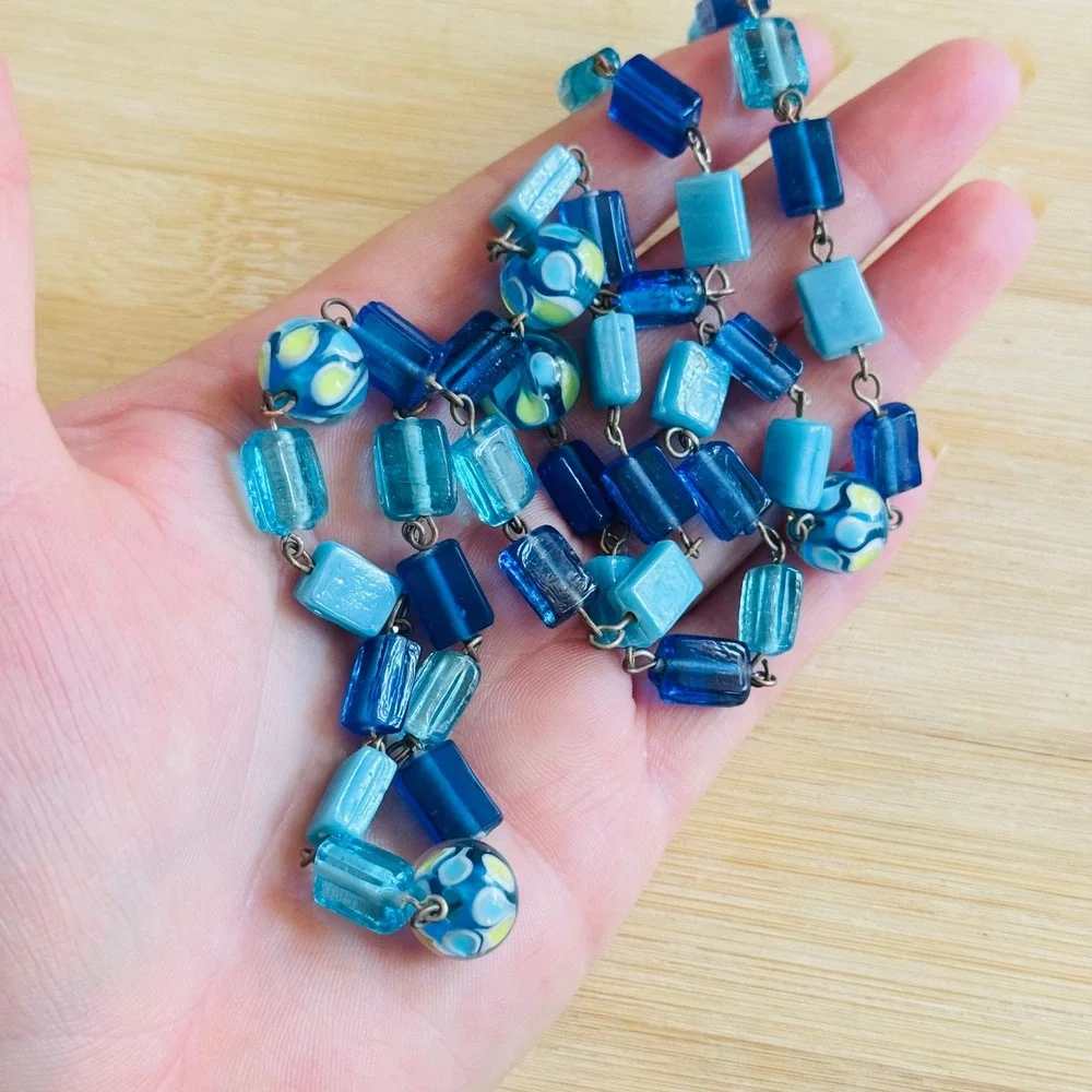 VTG BOHO Necklace Blue Art‎ Glass Beads Lampwork Strand Statement 70s Retro 26